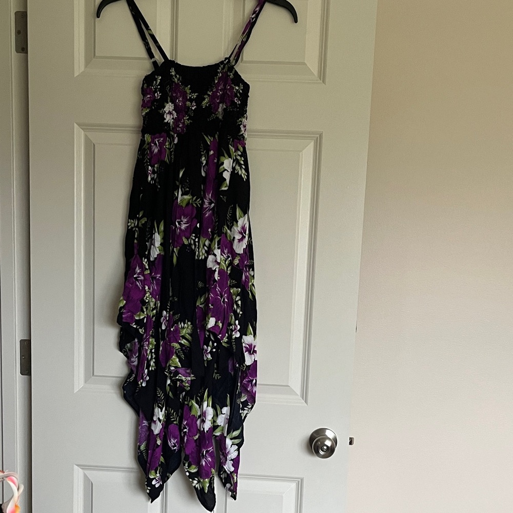 Vibrant Aloha Floral Black and Purple scarf Dress from Hawaiin island of Kauai